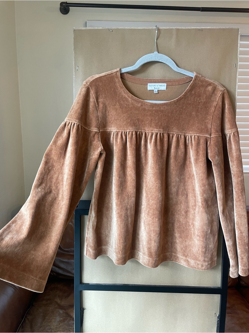 Madewell Velvet Peasant Blouse in Rust Brown